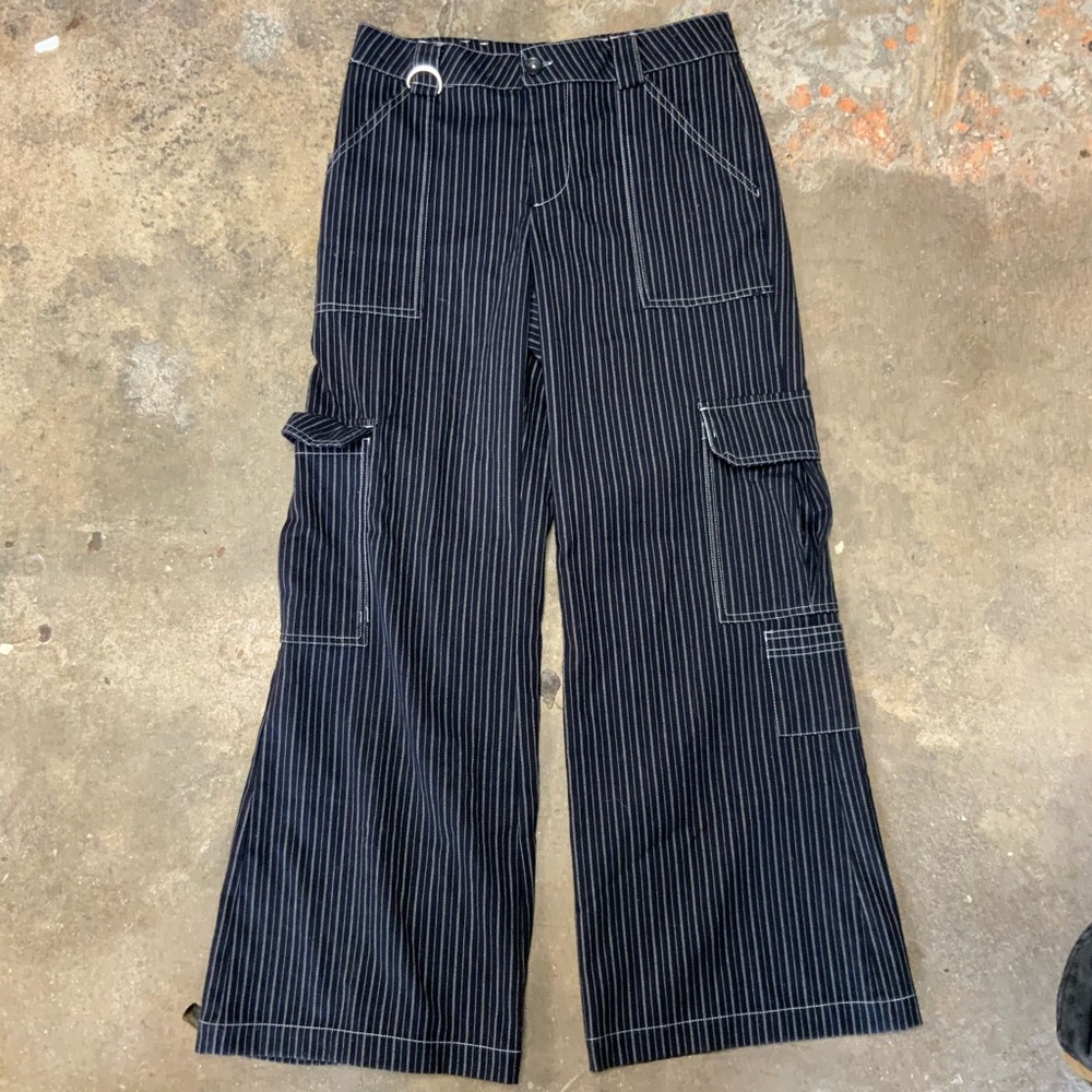 UO Y2K Punk Cargo Trousers White Striped Wide Leg Pants Jeans OBO - Picture 4 of 11